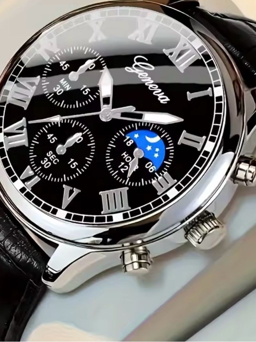 Geneva Black Dial Watch with Blue Leather Strap